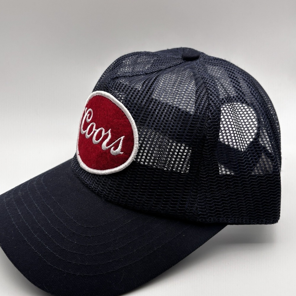 Coors x Huckberry Mesh Trucker Hat Navy Red Felt Patch Adjustable Snapback